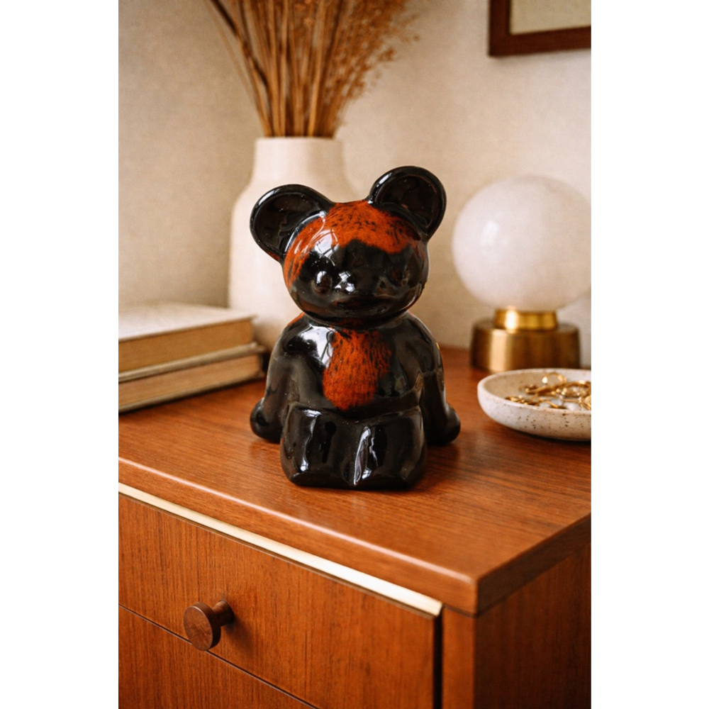 Vintage Ceramic Bear Coin Bank – Black & Red Glaze – Sculptural Decor